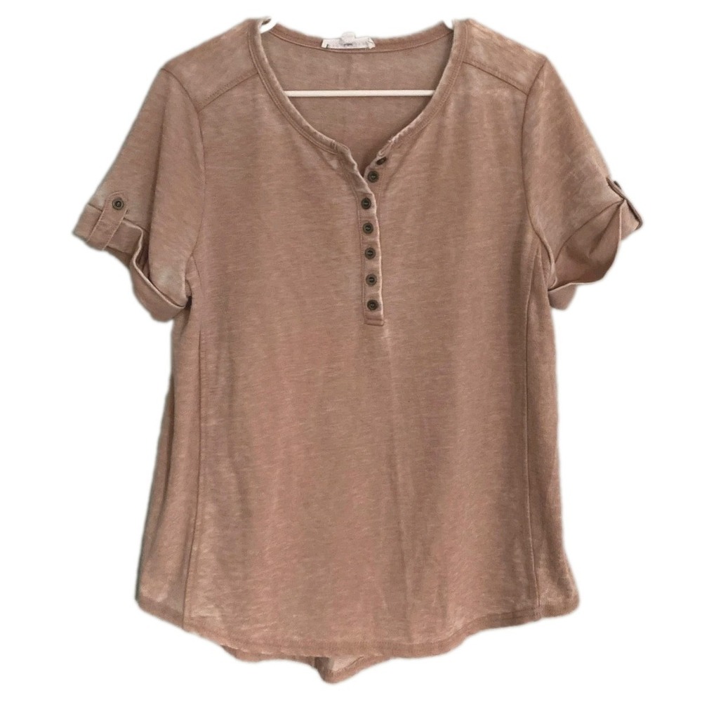 Jane + Delancey Shirt Women L Pink 2 Tone Henley Short Sleeve Casual Knit Top